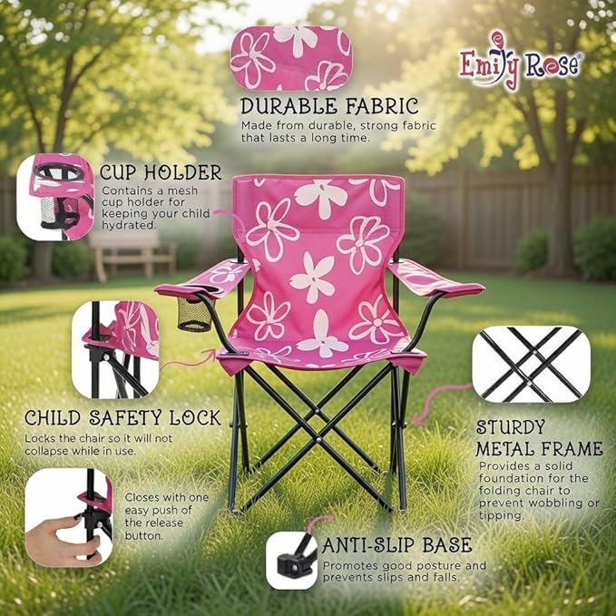 Emily Rose Kids Pink Folding Beach Camp Chair with Cup Holder Safety Lock & Carry Case - Toddler Girls Chair Ages 2-7 Indoor Outdoor Lightweight Portable - Floral Design 125lb Capacity