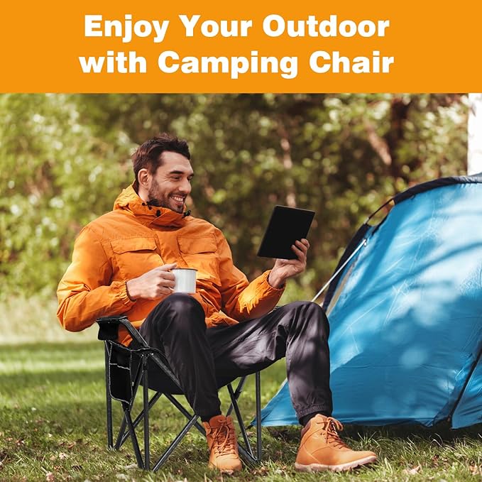 Folding Camping Chair Portable Outdoor Heavy Duty Padded Chairs Lawn Chair with Cup Holder, Storage Pocket and Cooler Bag, Supports 480LBS Black