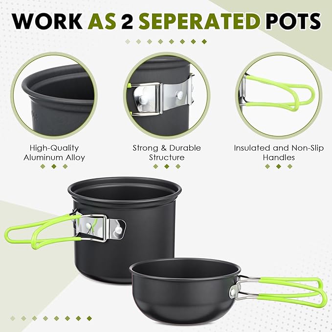 18 Pcs Camping Cookware Mess Kit, Lightweight Pot Pan Mini Stove 2 Set Stainless Steel Cups Plates Forks Knives Spoons Backpacking Cooking Set for Camping, Hiking, Backpacking and Picnic