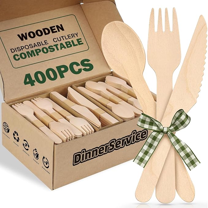 400PCS Eco-Friendly Disposable Wooden Utensil Set – Compostable Biodegradable Wooden Cutlery Set (200 Forks, 100 Spoons, 100 Knives) for Parties, Camping, traveling & Family Dinners