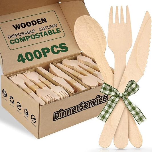 400PCS Eco-Friendly Disposable Wooden Utensil Set – Compostable Biodegradable Wooden Cutlery Set (200 Forks, 100 Spoons, 100 Knives) for Parties, Camping, traveling & Family Dinners