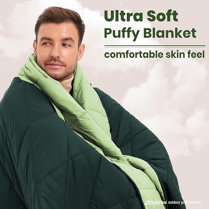 Outdoor Puffy Blanket, Reversible Warm Camping Blanket, Water-Resistant, Packable, Lightweight, Camping Quilt, for Stadium, Backpacking, Hammock, Picnic. 79"x55". Teal Green.
