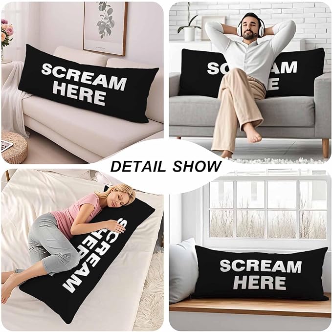 20"X54" Body Pillow Cases Scream Here Funny Quote Side Sleeper Body Pillow Covers Body Pillowcase Protector Throw Cushion Cover for Couch Bed Sofa Car, Black White