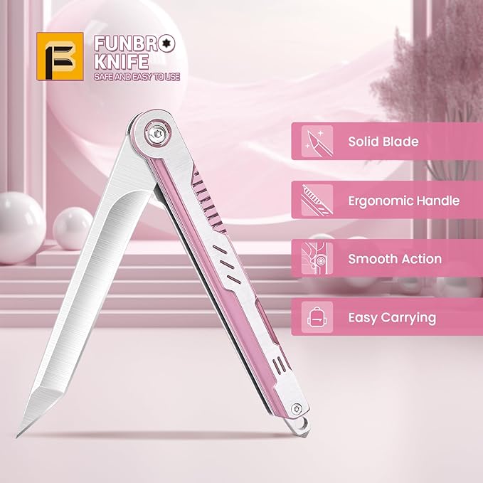 FUNBRO Pink Pocket Knife for Women - Slim EDC Knife with 7CR13Mov Steel Tanto Blade, Clip and Glass Breaker - Womens Knife for Self Defense - Cute Girl Survival Tool Pocket & Folding Knives