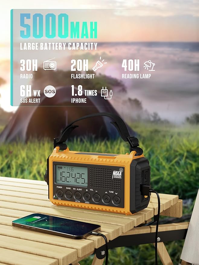 5000 Emergency Weather Radio- Portable Radio AM/FM/SW/NOAA with USB Charger, Rechargeable Battery Powered Solar/Hand Crank Radio with Flashlight, Large Backlit LCD Display, Headphone Jack, SOS Alarm