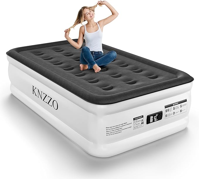 KNZZO Twin Air Mattress with Built-in Pump, 18" Top Inflatable Mattress with Waterproof Flocking Fabric, Three-Minute Quick-Inflatable Bed. Portable Blow Up Mattress for Home, Outdoor and Guests