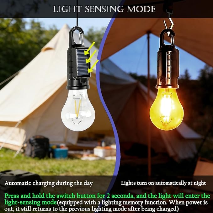 Solar Camping Lantern, Portable LED Camping Light with Light Sensor, USB Rechargeable Tent Light, Dusk to Dawn Waterproof Hanging Emergency Light for Outdoor Hiking Backpacking Patio Warm White 2 Pack