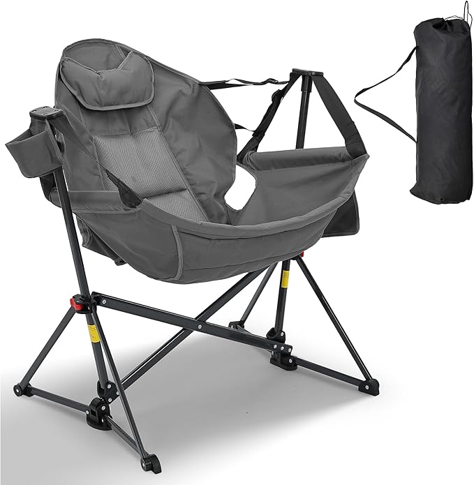Ainfox Hammock Camping Chair, Foldable Portable Rocking Chairs for Adults Outside Swinging Camp with Cup Holder Pillow for Outdoor Patio Poolside (Grey)