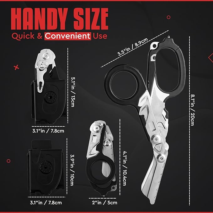 Heavy Duty 6 in 1 Multipurpose Emergency Trauma Shears Scissors with Holster, Outdoor Camping Rescue Tools with Glass Breaker, Strap Cutter Stainless Steel Foldable Scissors Pliers