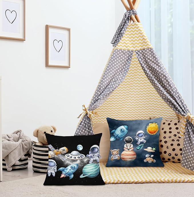 SPBL&L Galaxy Space Nursery Pillow Covers 18x18 Set of 2, Space Nursery Room Decor for Boys, Whimsical Cosmic Astronaut Planets Rocket Spacecraft Decorative Throw Pillow Covers for Kids Room Playroom