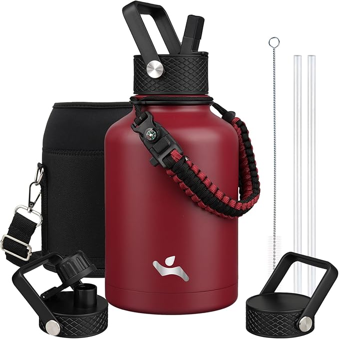 Konokyo Insulated Water Bottle with Straw,50 oz 3 Lids Water Jug with Carrying Bag,Paracord Handle,Double Wall Vacuum Stainless Steel Metal Flask,Dark Red