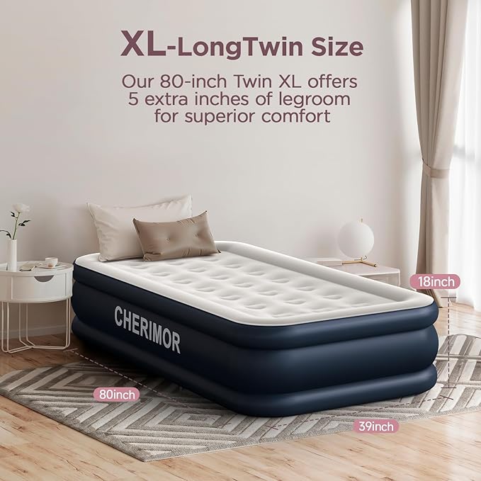 CHERIMOR Twin XL Air Mattress with Built-in Pump, 18" Raised Comfort, 80“ Length, 48Hr Leak-Proof Test, Upgraded Honeycomb Pillar Design, Supports 500 lbs, 2-Min Inflation for Home, Guests & Camping