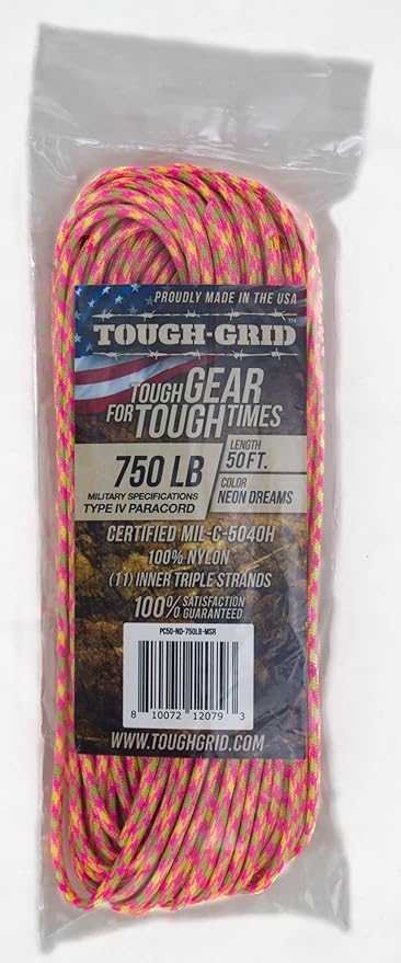 TOUGH-GRID 750 Paracord Military Grade Nylon Rope - Type IV Mil-Spec Made in USA - Tactical Survival Cord