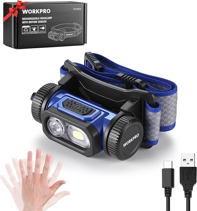 WORKPRO Rechargeable Work Headlamp, 700LM LED Head Lamp with Motion Sensor, 180° Adjustable Angle & Long Runtime, Memory Function for Mechanic, Repair, Construction and Jobsite