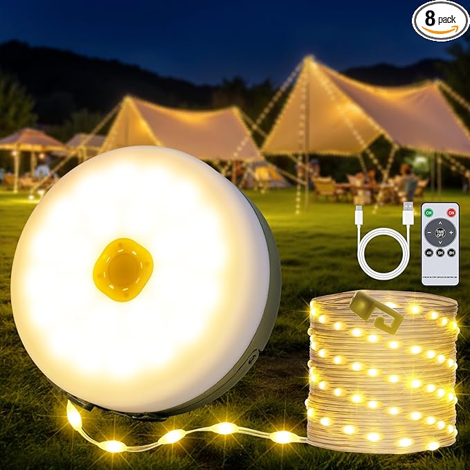Camping String Lights, 4 in 1 Portable Camping Lights Rechargeable with 8 Lighting Modes, Remote Control, Quick Storage, 33FT Waterproof Tent Lights for Hiking, Yard, Party, Christmas Decor