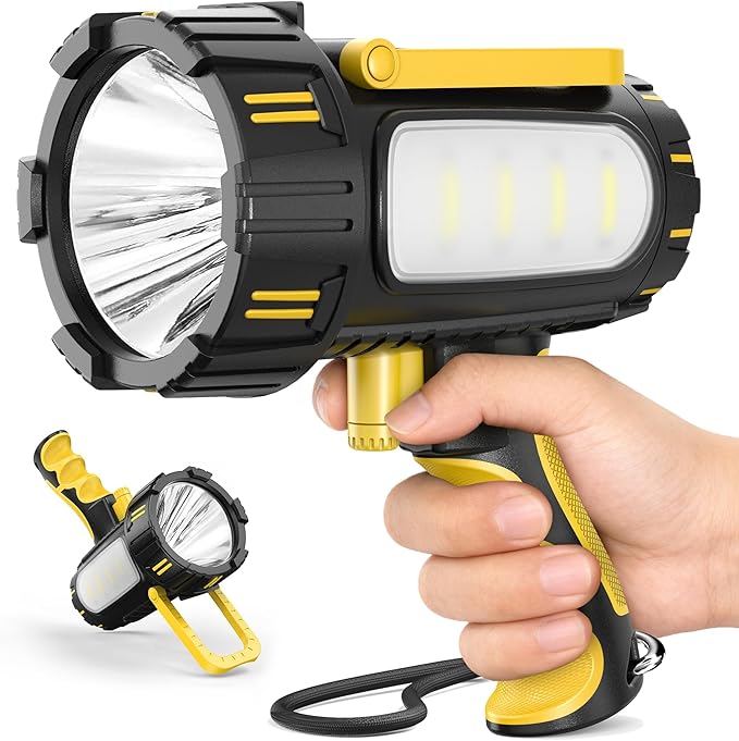 AlpsWolf Rechargeable Spotlight Flashlight, 100000 Lumen Super Bright Handheld Spotlight, IP68 Waterproof Searchlight with Foldable Stand & 3 Color Lens for Camping Hunting Emergency
