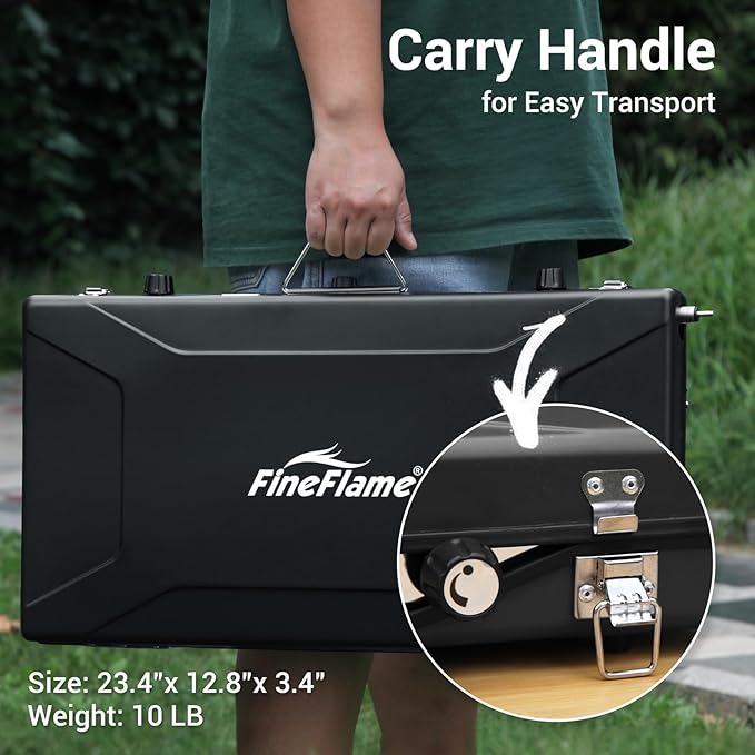 FineFlame Camping Stove, 3 Burners Propane Portable Camp Stove with Regulator & Griddle, Push-Button Instant Ignition, Portable Camp Grill, Adjustable Burners for Camping Cooking (BLACK-20400 BTUs)