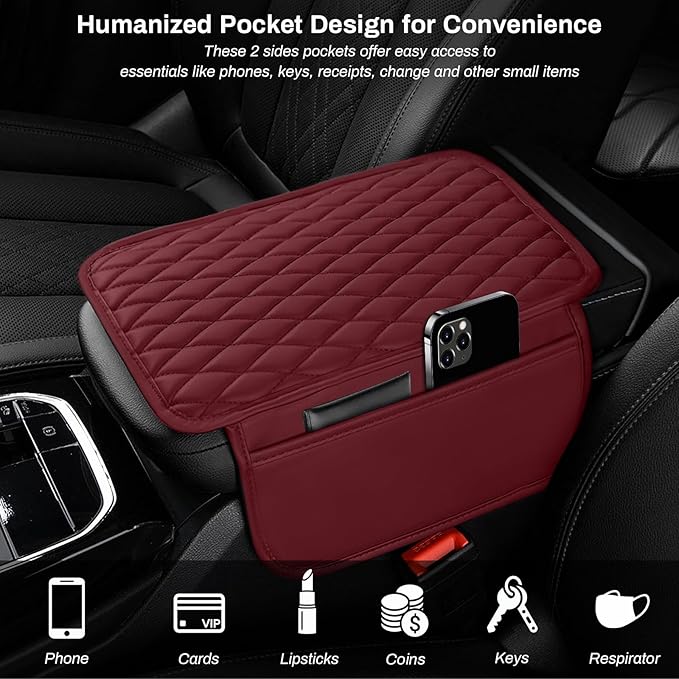 Car Center Console Cover, Upgraded Microfiber Leather Car Arm Rest Cover with 2 Storage Bags, Universal Armrest Cover for Car Storage Box Car Interior Accessories Protector for Most Vehicle-Red