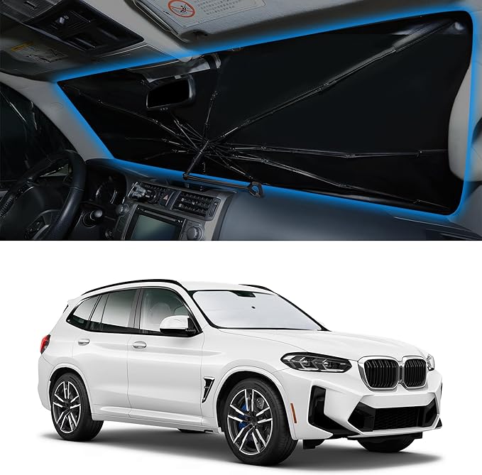 Windshield Sun Shade Umbrella Compatible with 2018-2026 BMW X3 Accessories Foldable Sunshade Sun Blocker Protect Car from Sun Rays & Heat Damage