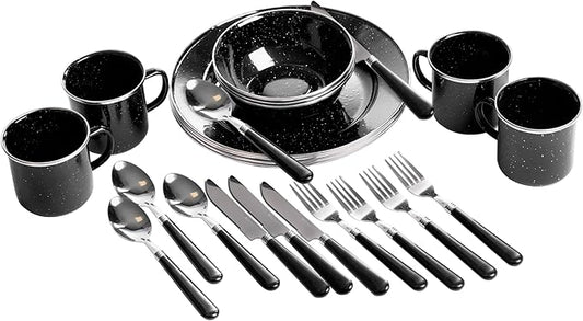 Stansport Deluxe 24-Piece Enamel Tableware Set - Enamel Plates and Bowls Lightweight and Durable Camp Dish Set for Camping and Backpacking Plates and Bowls for 4 People
