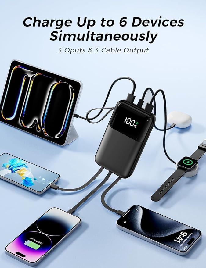 Power Bank, 15000mAh Portable Charger with Built in Cable, 22.5W Fast Charging, 6 Outputs, Slim Travel Essential Battery Pack with LED Display, Compatible with iPhone 17/16/15/14/13, iPad Black