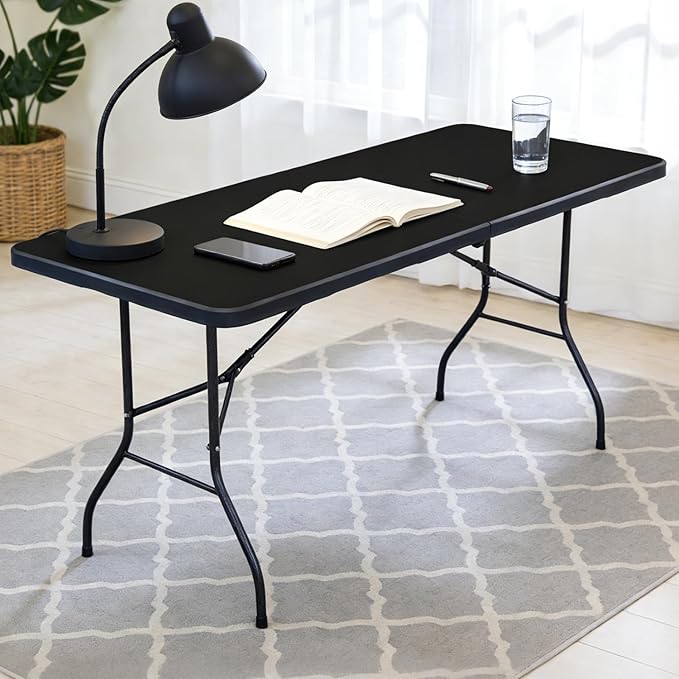 Lakhow Folding Table 6ft Heavy Duty Portable Table Indoor Outdoor with Parties, Camping & BBQs, Folds in Half for Easy Storage, No Assembly Required, Black