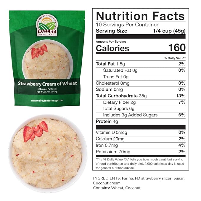 Valley Food Storage Freeze Dried Strawberry Creamy Wheat | 10-Bag Bucket, 100 Servings | Premium Emergency Food Supply, 25 Year Shelf Life | Survival Breakfast Food for Prepper Storage & Camping