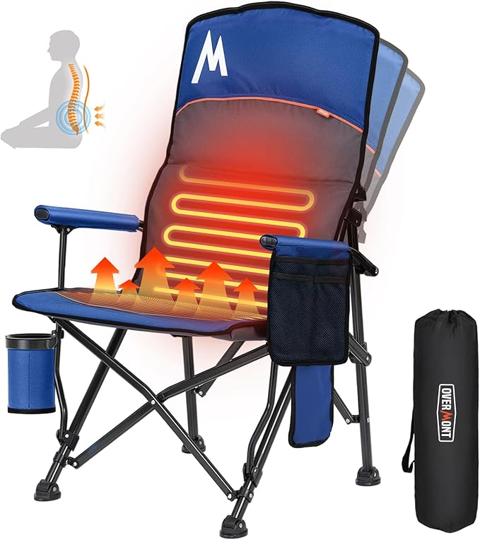 Overmont Heated Camping Chair with High Back - 3 Heat Levels 2-Zone Separately Heating - 450 LBS Support Heavy Duty Folding Chair Portable for Adults Patent No.: US D1.028.543S - Battery NOT Included