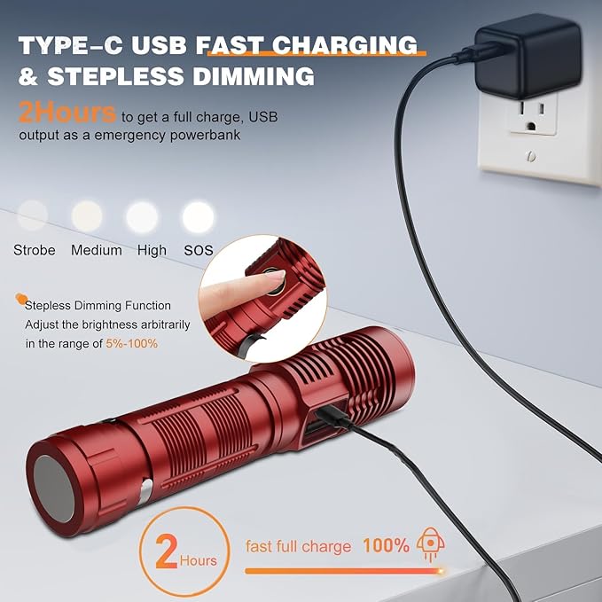 Hoxida Small Tactical Flashlights High Lumens - 1500 Meters Long Beam Super Bright LED Magnetic Flashlight USB Rechargeable Zoomable 5Modes Long Beam Spotlight Flashlight for Hiking, Camping-Red