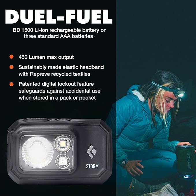 BLACK DIAMOND Storm 450 Headlamp | 450 Lumens Brightness | Waterproof & Dimmable | 3X AAA Battery Operated (Included | Camping, Hiking, Running | Black