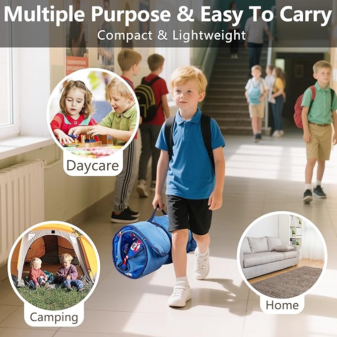 Primlect Lightweight Toddler Nap Mat, Portable Rolled Design Perfect for Daycare Travel, 51”x31 All-in-One Sleeping Bag with Removable Pillow and Fleece Blanket for Boys Girls, Machine Washable