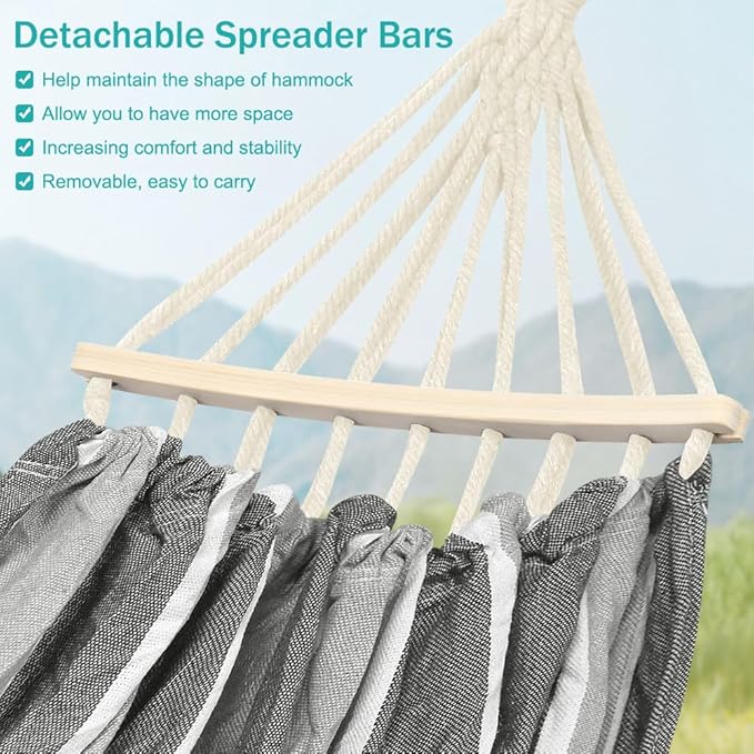 MOSFiATA Hammocks Portable Camping Hammock Upgraded 550lb Comfortable Fabric Hammock with Two Anti Roll Balance Beam and Sturdy Tree Straps for Camping, Patio, Backyard, Outdoor（Grey）