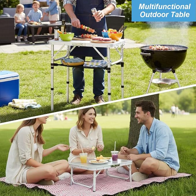 YUFIFAIRY Small Folding Table Portable, 24''L x16''W Foldable Camp Table with 3 Adjustable Height, Indoor Outdoor Lightweight Aluminum for Outdoor Cooking Picnic, (3 Heights)