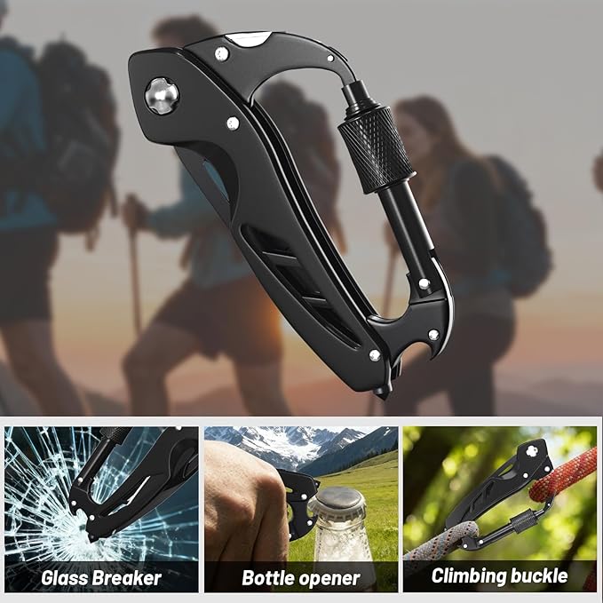 9 in 1 Multitool Carabiner with Pocket Knife, Stocking Stuffers Gifts for Men, EDC Carabiners with Folding Knives, Bottle Opener, Window Breaker and Screwdriver, Survival Gear for Camping Hiking