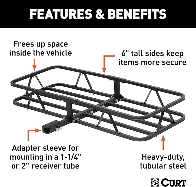 CURT 18145 Cargo Basket Hitch Trailer Hitch Cargo Carrier, 500 lbs. Capacity, 46-1/2-Inch x 17-1/2-Inch x 5-1/2-Inch, Fits 1-1/4 or 2-Inch Receiver