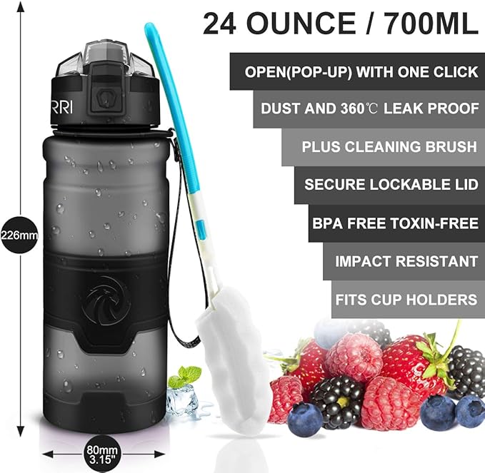 ZORRI Sports Water Bottle, 400/500/700ml/1L, BPA Free Leak Proof Tritan Lightweight Bottles for Outdoors,Camping,Cycling,Fitness,Gym,Yoga- Kids/Adults Drink Bottles with Filter, Lockable Pop Open Lid