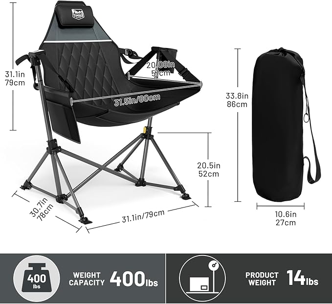 TIMBER RIDGE Oversized Hammock Camping Chair, Swinging Chair with Adjustable Back and Seat Height, Portable Folding Rocking Chair for Outdoor Lawn, Backyard and Patio, Supports 400lbs, Black, 2 Pack