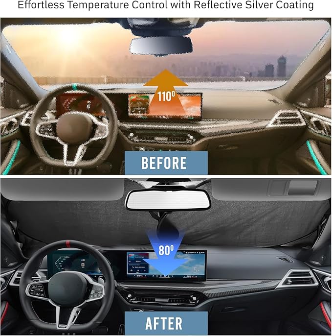 Foldable Car Windshield Sun Shade – 280T Thickened Reflective UV & Heat Shield with Storage Bag, Keeps Interior Cool, Universal Fit for Sedans, SUVs & Trucks – Medium (64" x 32")