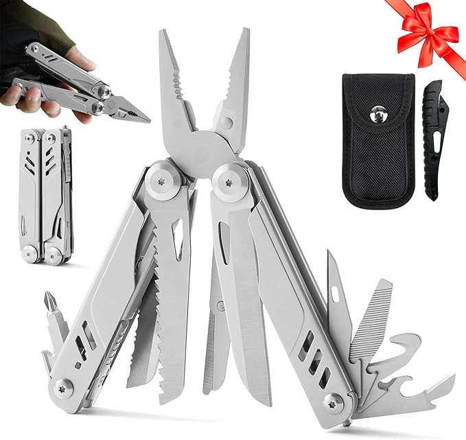 Upgraded 18-in-1 Multitool Pliers, Heavy Duty Stainless Steel Multi-Tool with Spring-Loaded Pliers & Safety Lock, EDC Survival Gear with Fire Starter for Outdoor Camping, Hiking, Gifts for Men