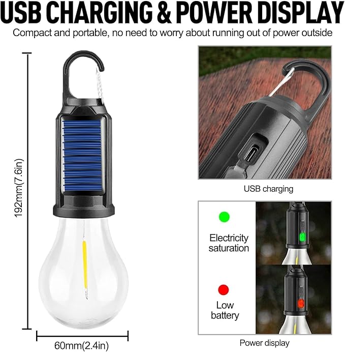 MODOAO Led Tent Lights 5 Pack Camping Lantern USB Rechargeable Solar Tent Lights,Outdoor Hanging Light Bulbs with Clip Hook 3 Mode Lighting Warm White