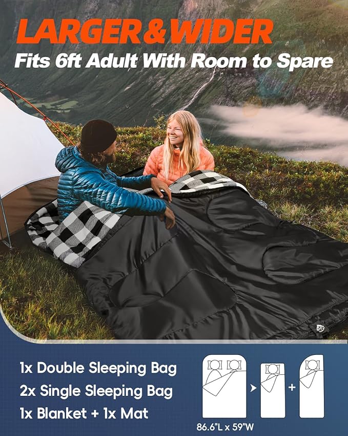 MEREZA Flannel Double Sleeping Bag for Adults Cold Weather, XL Queen Size Sleeping Bag for All Season 2 Person Big and Tall Sleeping Bags for Camping 0 Degree with Pillow