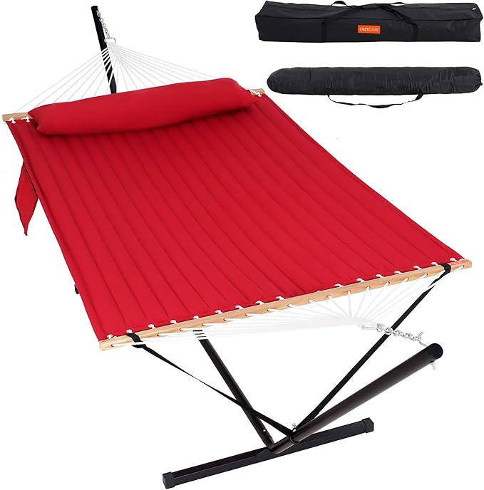 Lazy Daze Hammocks 2 Person Hammock with 12FT Stand for Outside, Quilted Double Hammock with Detachable Pillow, Balance Strap & Carrying Bag Included, 450lbs Capacity, Tool-Free Assembly, Burgundy
