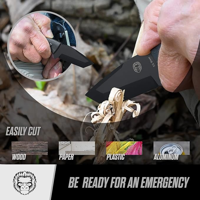Holtzman's Gorilla Survival Tanto Fixed Blade Neck Knife with Kydex Sheath & Ferro Rod (Black) - Ideal for Outdoor Activities and Everyday Carry