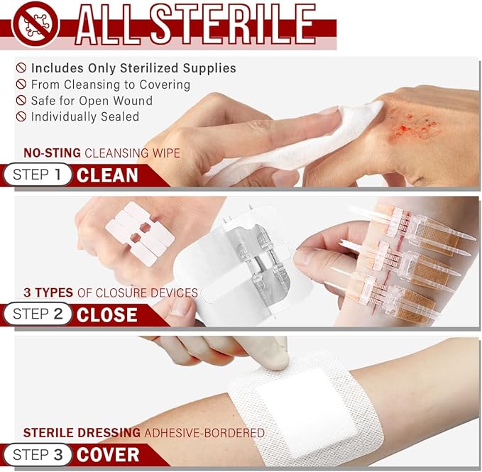 EVERLIT CARE Wound Closure Kit | 28 Pcs All-in-One First Aid with Suture-Free, Stitchless Zip Devices, Butterfly Bandages, for up to 6" Wounds | 100% Sterile Medical Supplies to Clean, Cover & Heal