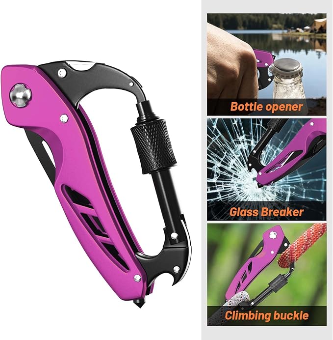 Carabiner Multitool 9-in-1 EDC Pocket Knife, Hexwrench, Saw, Screwdriver, Bottle Opener, Breaker, Survival Gear for Camping Climbing, Gifts for Men Women, Stocking Stuffers (Pink)