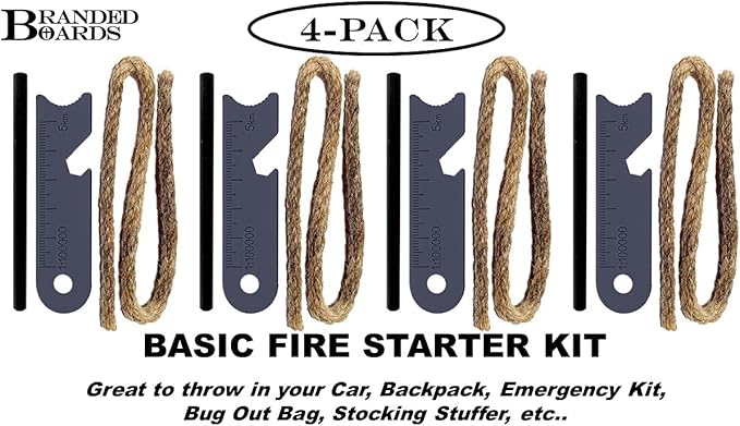 Bushcraft Fire Starter Kits. Ferrocerium Rod, Multi Tool Fire Striker, Waterproof Waxed Jute Rope Tinder, Survival Paracord, Emergency Whistle, Burlap Bag