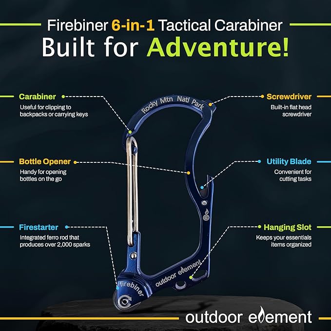 OUTDOOR ELEMENT Firebiner Custom Engraved 6-in-1 Fire Starter Carabiner Multitool – Survival Gear EDC Keychain with Utility Blade, Bottle Opener, Screwdriver, Emergency Tool