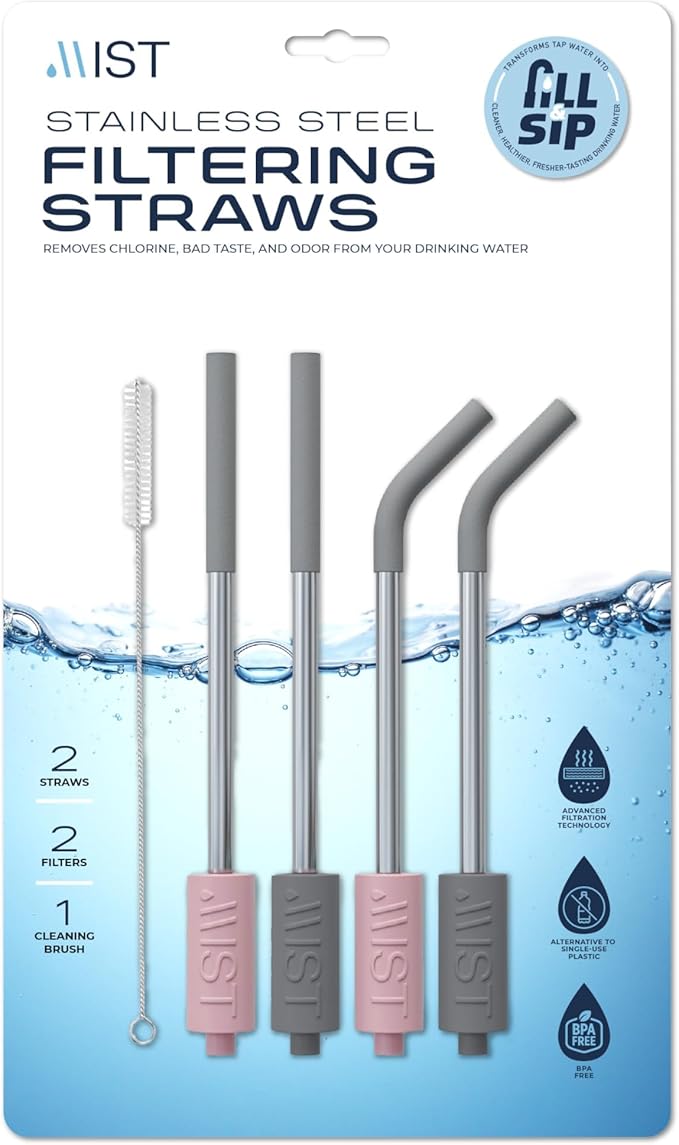 Mist Reusable Stainless Steel Metal Straws With Filter, Removes Chlorine & Odor, Silicon Tips, DIshwasher Safe. 2 Pink 2 Gray, 4 Pack