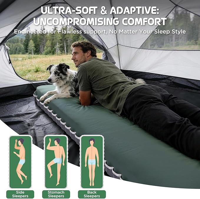 Elegear Air & Foam Self-Inflating Sleeping Pad, CumbreX™ 4" Ultra-Thick Memory Foam Camping Mattress Pad with Air Pump, Compact R-Value 9.5 4-Season Camp Mat for Travel Outdoor - Single Army Green