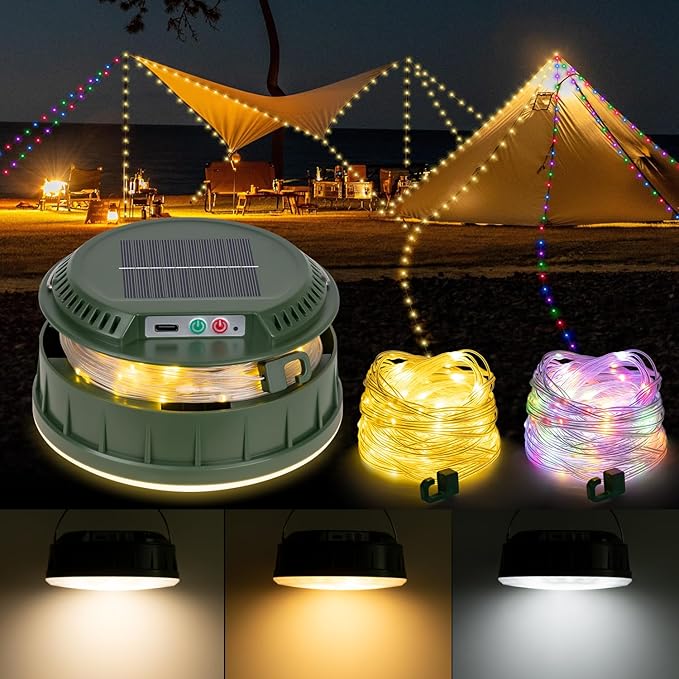 Solar Camping String Lights, 32.8 FT String Light with 13 Modes, 4 in 1 Waterproof Camp Lamp, Solar/Type-C Powered, Hanging Rechargeable Tent Lantern for Camping, Patio & Party (Green)